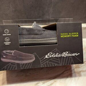 Eddie Bauer Mens Suede Slipper Fur Lined Dark Grey